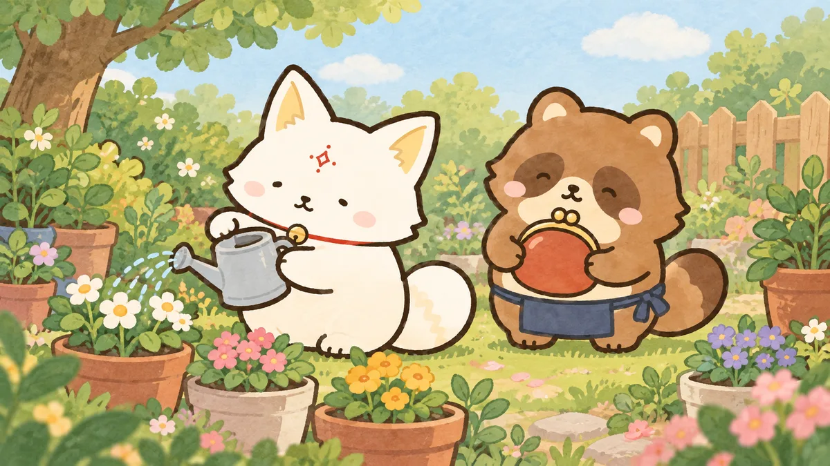 初めての庭で花に水をやる御狐と、見守るぽん福