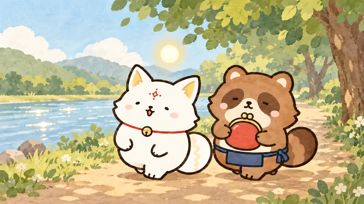 川沿いを散歩しながら、ひらめきを思いつく御狐とぽん福