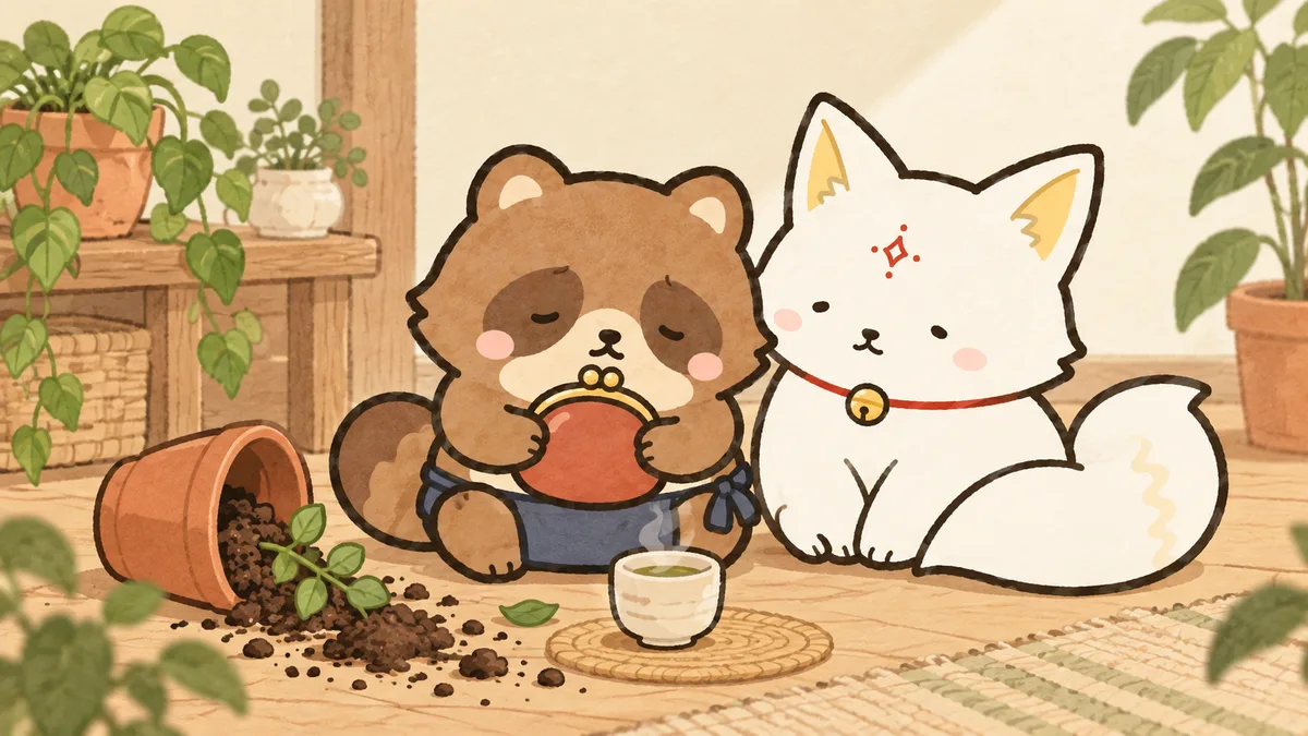 植木鉢をひっくり返して落ちこむぽん福と、そばに寄りそう御狐