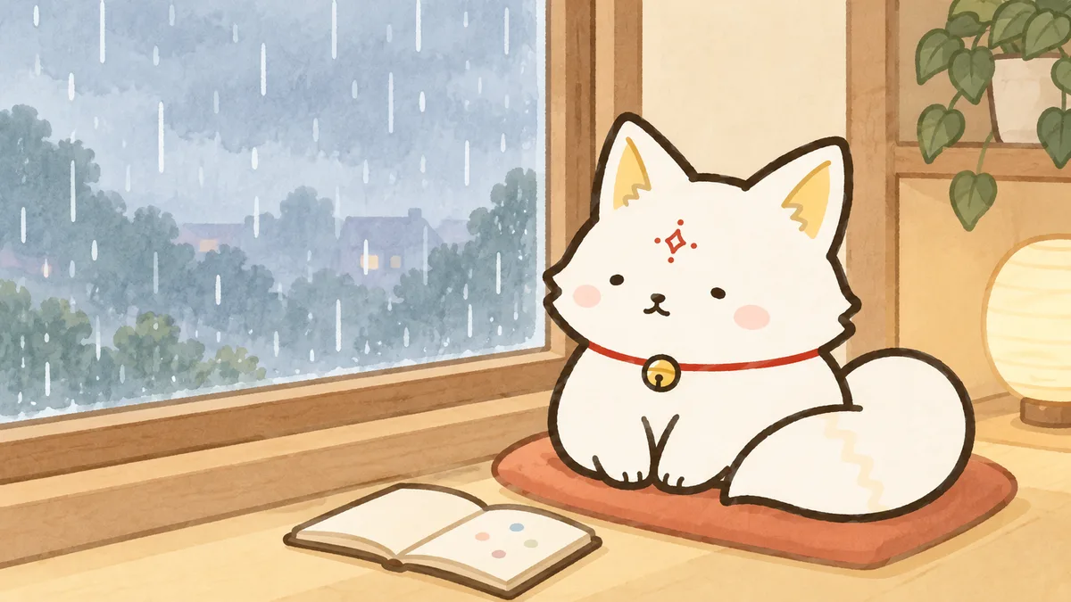雨の日に窓の外を眺める御狐と、色の印をつけたノート